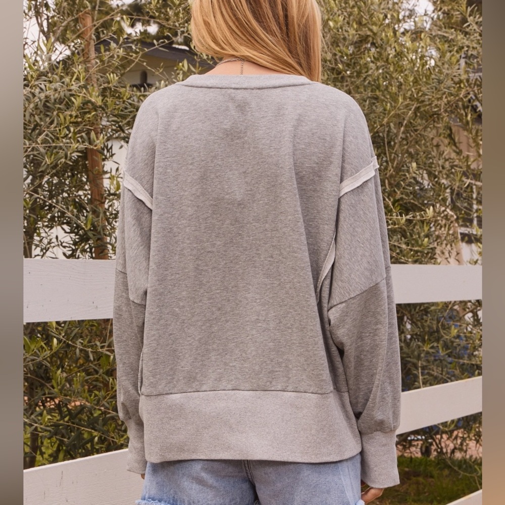 French Terry Solid Lettering Lightweight Sweatshirt Heather Gray w/ Green - Picture 5 of 7